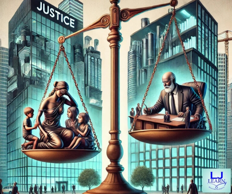 A symbolic digital illustration of an imbalanced justice scale. On the left side, a struggling family, including a mother and two children, sits lower, representing everyday consumers with diminished power. On the right side, towering corporate skyscrapers and a business executive at a boardroom desk sit higher, symbolizing corporate dominance. The background features a cityscape, reinforcing the contrast between financial power and consumer struggle. The LJ Learn logo is placed in the bottom-right corner with a subtle dark overlay for visibility. The image visually represents the impact of deregulation on consumer rights and corporate influence.