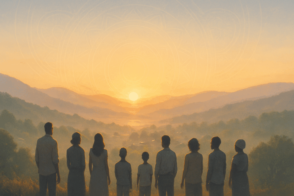 silouhette of a council of people watching the sun set