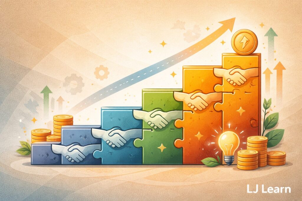 A vibrant, infographic-style illustration showing a compound growth chart built from puzzle-piece blocks in blue, green, and orange, each connected by handshake icons to symbolize long-term cooperation. The blocks rise like steps, topped with a glowing coin and an upward arrow to indicate growth over time. Surrounding symbols include coins, a lightbulb, gears, and arrows, reinforcing innovation and progress. The background uses soft gradients and abstract shapes, and “LJ Learn” appears in a clean sans serif font in the bottom-right corner. Overlayed text: Cooperation fuels growth and progress