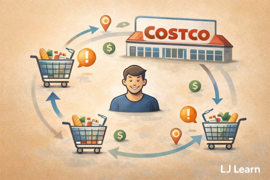 A clean, infographic-style illustration showing a smiling customer at the center, surrounded by three shopping carts filled with groceries moving in a circular pattern around a Costco-style store. Arrows indicate the carts leaving and returning, symbolizing occasional defection but long-term loyalty. Icons for money, alerts, and location pins float around the carts. In the bottom-right corner, “LJ Learn” is displayed in a simple sans serif font. The background is a soft beige with a textured finish.