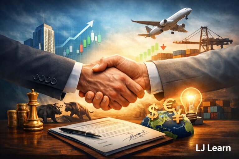 A digital illustration featuring a symbolic, abstract design representing strategic thinking and win-win interactions. The background uses gradients of warm and cool tones, with subtle geometric shapes and flow lines suggesting movement, connection, and balance. “LJ Learn” is placed subtly in a sans serif font in the bottom corner, reflecting clean, modern branding.