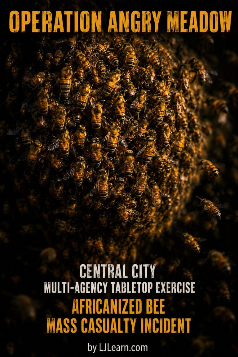 Cinematic poster featuring a massive swarm cluster of Africanized honeybees in dramatic amber and black lighting against a dark background. Hundreds of densely packed bees create an ominous, textured sphere with blurred motion around the edges suggesting movement and danger. Large distressed text at the top reads ‘Operation Angry Meadow.’ Additional text below states ‘Central City Multi-Agency Tabletop Exercise – Africanized Bee Mass Casualty Incident,’ with ‘by LJLearn.com’ at the bottom