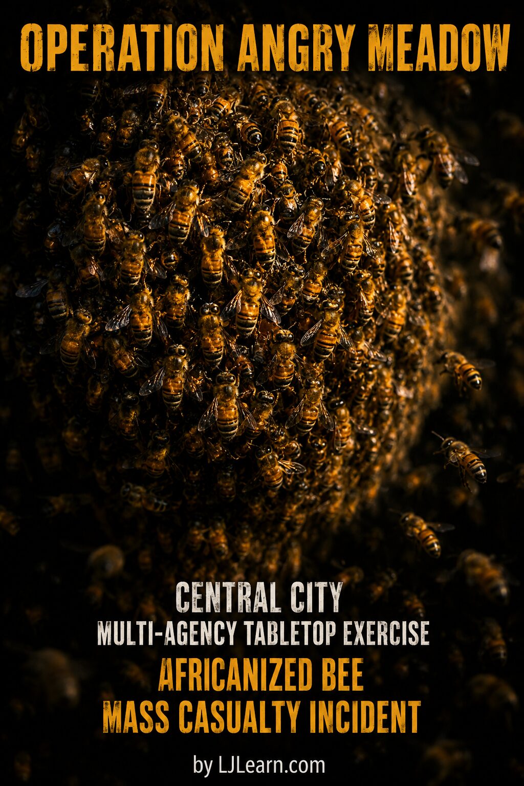 Cinematic poster featuring a massive swarm cluster of Africanized honeybees in dramatic amber and black lighting against a dark background. Hundreds of densely packed bees create an ominous, textured sphere with blurred motion around the edges suggesting movement and danger. Large distressed text at the top reads ‘Operation Angry Meadow.’ Additional text below states ‘Central City Multi-Agency Tabletop Exercise – Africanized Bee Mass Casualty Incident,’ with ‘by LJLearn.com’ at the bottom