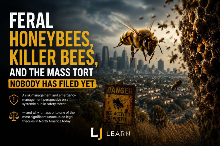Cover image for “Feral Honeybees, Killer Bees, and the Mass Tort Nobody Has Filed Yet.” A dramatic cinematic scene shows a giant honeybee flying over a dense suburban city under dark storm clouds, with swarms of bees emerging from a large hive attached to a structure on the right side. Bold yellow and white typography dominates the left side of the image. A weathered warning sign in the foreground reads “Danger: Bee Activity Reported.” Smaller text describes the work as a risk management and emergency management perspective on a systemic public safety threat and a potential legal theory in North America. The LJ Learn logo appears centered at the bottom in a clean sans serif font.
