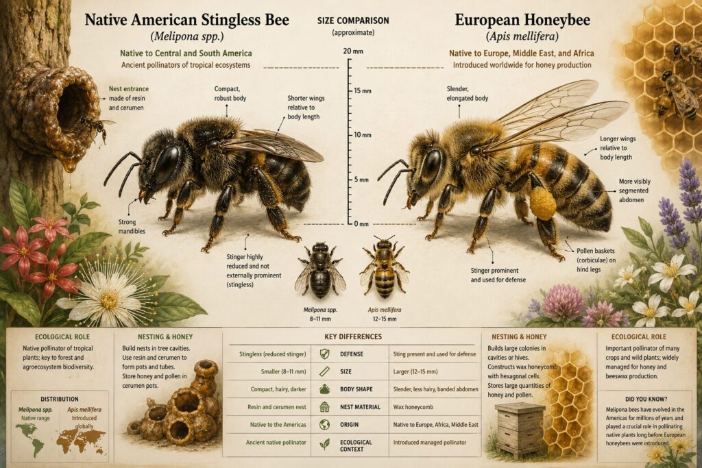 A detailed scientific-style comparison poster showing two bee species side by side against a parchment-colored background. On the left is a Native American stingless bee labeled “Melipona spp.” with a compact, fuzzy dark brown body, shorter wings, and strong mandibles. It stands near a resin-and-cerumen nest entrance built into a tree trunk, surrounded by tropical flowers. Labels identify features such as reduced stinger, compact body shape, and tropical ecological role.

On the right is a European honeybee labeled “Apis mellifera,” with a slimmer golden-and-black striped body, larger translucent wings, and visible pollen baskets on its hind legs. Behind it are hexagonal honeycomb cells and a managed beehive box surrounded by temperate flowers. Labels point out its elongated abdomen, defensive stinger, and honey production role.

A central size comparison scale and lower infographic panels compare anatomy, nesting behavior, ecological function, geographic origin, and honey storage methods between the two species. The overall style resembles a museum-quality natural history illustration mixed with modern educational infographic design.