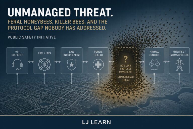 Corporate-style infographic titled “Unmanaged Threat: Feral Honeybees, Killer Bees, and the Protocol Gap Nobody Has Addressed” showing a public safety systems map connecting 911 dispatch, fire/EMS, law enforcement, public health, animal control, and utilities infrastructure. A central gap labeled as an unaddressed threat and “no clear protocol ownership” is visually disrupted by a dense swarm of bees, highlighting a breakdown in jurisdictional response. The bottom of the image displays the branding “LJ LEARN” in simple sans-serif text.