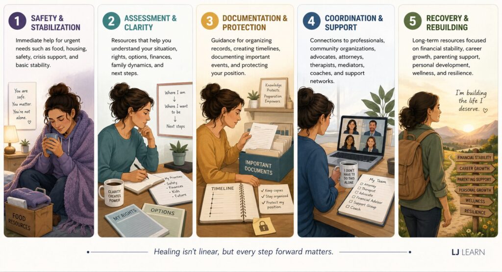 Illustrated infographic titled “The Five Phases of Recovery” showing a person progressing through five stages of stability, support, and personal growth. The design is divided into five vertical panels arranged left to right, representing a journey from crisis toward recovery. A subtle LJ Learn logo in clean sans-serif text appears in the lower-right corner. Panel 1 – Safety & Stabilization: A woman sits wrapped in a blanket in a quiet room, holding a warm drink. Beside her is a box labeled “Food Resources.” A lamp glows softly nearby, creating a sense of safety and comfort. A note on the wall reads, “You are safe. You matter. You’re not alone.” This panel represents immediate assistance for urgent needs such as food, housing, safety, crisis support, and basic stability. Panel 2 – Assessment & Clarity: The same woman sits at a desk writing in a notebook while reviewing information. Documents labeled “My Rights” and “Options” lie nearby. A whiteboard behind her outlines a path from “Where I am” to “Where I want to be” and “Next steps.” This panel represents gaining understanding of one’s situation, rights, finances, family dynamics, available options, and future direction. Panel 3 – Documentation & Protection: The woman reviews papers while organizing records in a file box labeled “Important Documents.” An open notebook displays a timeline, and a small lock symbol represents security and protection. A sign in the background reads, “Knowledge Protects. Preparation Empowers.” This panel illustrates documenting events, creating timelines, organizing records, and protecting one’s position. Panel 4 – Coordination & Support: The woman participates in a video call with a team of professionals and supporters. A checklist labeled “My Team” includes roles such as attorney, therapist, advocate, financial advisor, support group, and coach. A coffee mug reads, “I don’t have to do this alone.” This panel represents building a support network and coordinating assistance from professionals, community organizations, and trusted allies. Panel 5 – Recovery & Rebuilding: The woman stands outdoors at sunrise overlooking a scenic path through a valley. She wears a backpack and faces the horizon with confidence and optimism. A signpost points toward goals including financial stability, career growth, parenting support, personal growth, wellness, and resilience. Nearby text reads, “I’m building the life I deserve.” This panel represents long-term recovery, self-development, stability, and rebuilding a meaningful future. Across the bottom of the infographic, a horizontal line visually connects all five stages, emphasizing forward movement. Centered beneath the panels is the message: “Healing isn’t linear, but every step forward matters.” The overall tone is hopeful, compassionate, and empowering, illustrating recovery as a structured journey from crisis to resilience.