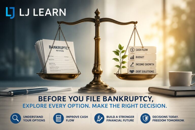 LJ Learn cover image featuring a balanced scale of justice on a desk. One side holds bankruptcy petition documents, while the other holds blocks labeled cash flow, budget, income growth, and debt solutions alongside a growing plant. The image symbolizes evaluating financial recovery options before filing bankruptcy. Large text reads: "Before You File Bankruptcy, Explore Every Option. Make the Right Decision." Clean professional office background with warm natural lighting.