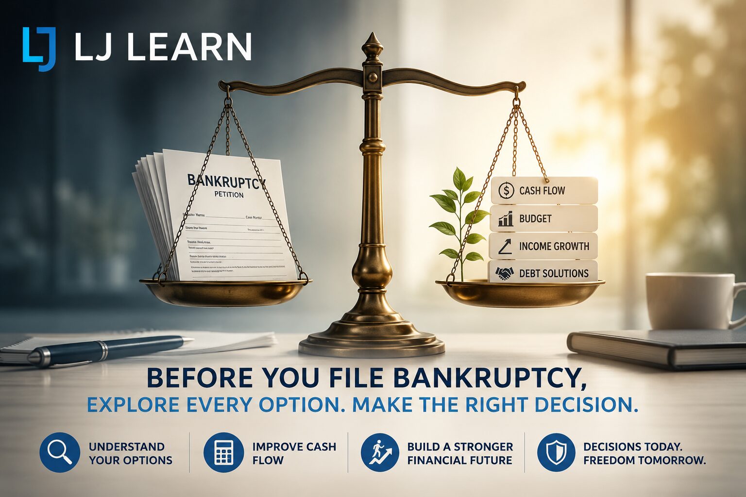 LJ Learn cover image featuring a balanced scale of justice on a desk. One side holds bankruptcy petition documents, while the other holds blocks labeled cash flow, budget, income growth, and debt solutions alongside a growing plant. The image symbolizes evaluating financial recovery options before filing bankruptcy. Large text reads: "Before You File Bankruptcy, Explore Every Option. Make the Right Decision." Clean professional office background with warm natural lighting.