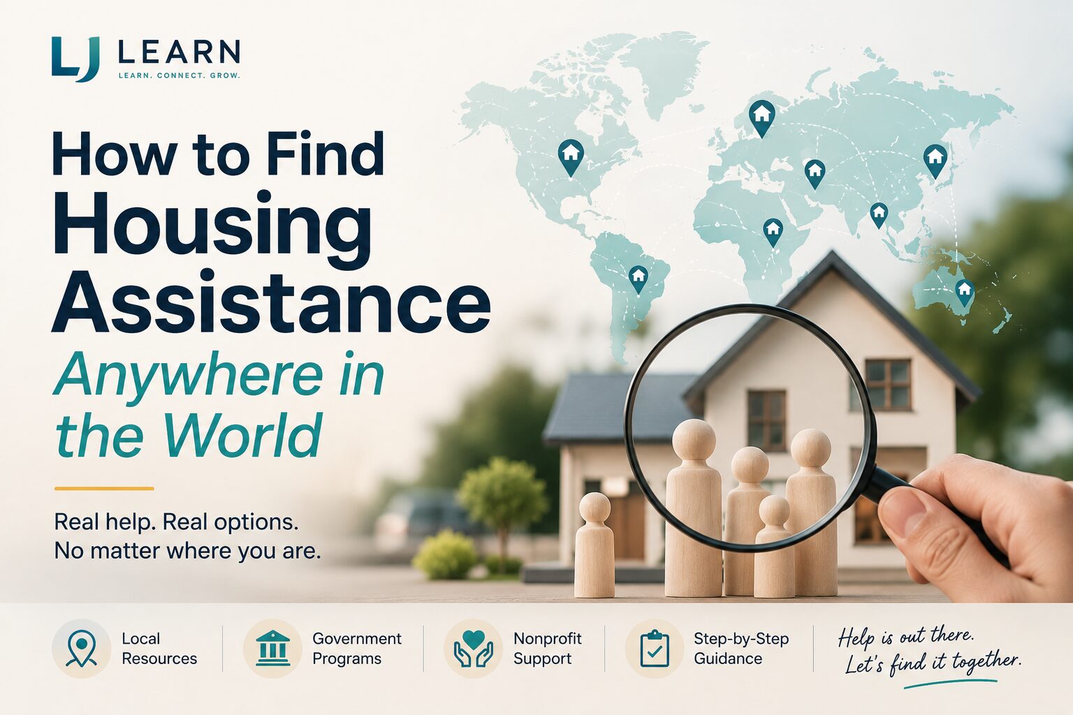 An infographic titled "How to Find Housing Assistance Anywhere in the World" by LJ Learn.The image features a large world map background with house pins placed across different continents. In the foreground, a miniature model house sits behind a wooden family of four, which is being viewed through a hand-held magnifying glass.The bottom text promises "Real help. Real options. No matter where you are," alongside four icons labeled: "Local Resources," "Government Programs," "Nonprofit Support," and "Step-by-step Guidance." A handwritten-style note reads, "Help is out there. Let's find it together."