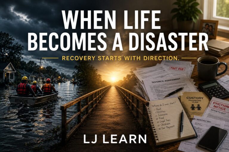 A dramatic, high-contrast image illustrating the connection between disaster recovery and personal crisis. The left half shows a flooded street with emergency responders in a rescue boat moving through storm-damaged neighborhoods beneath dark clouds. The right half shows a cluttered kitchen table covered with financial documents, legal paperwork, custody files, an eviction notice, a calculator, and a coffee mug, representing personal hardship and overwhelm. A wooden bridge runs through the center of the image toward a bright sunrise on the horizon, visually connecting both forms of crisis and symbolizing hope, guidance, and recovery. Overlay text reads “When Life Becomes a Disaster” and “Recovery Starts With Direction,” with “LJ Learn” in a clean sans-serif font at the bottom.
