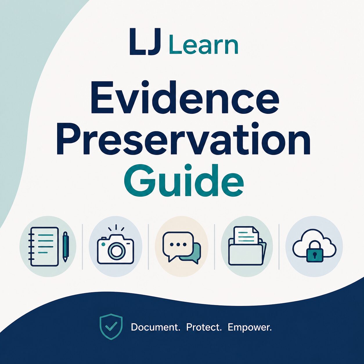 Cover image for the LJ Learn Evidence Preservation Guide. A clean, professional design featuring the title “Evidence Preservation Guide” in large bold sans-serif text, with the LJ Learn logo at the top. Along the bottom are simple line-style icons representing documentation and recordkeeping, including a notebook and pen, camera, text message conversation, document folder, and secure cloud storage. The design uses navy blue, teal, and soft gray tones on a light background, conveying organization, documentation, safety, and secure evidence preservation.