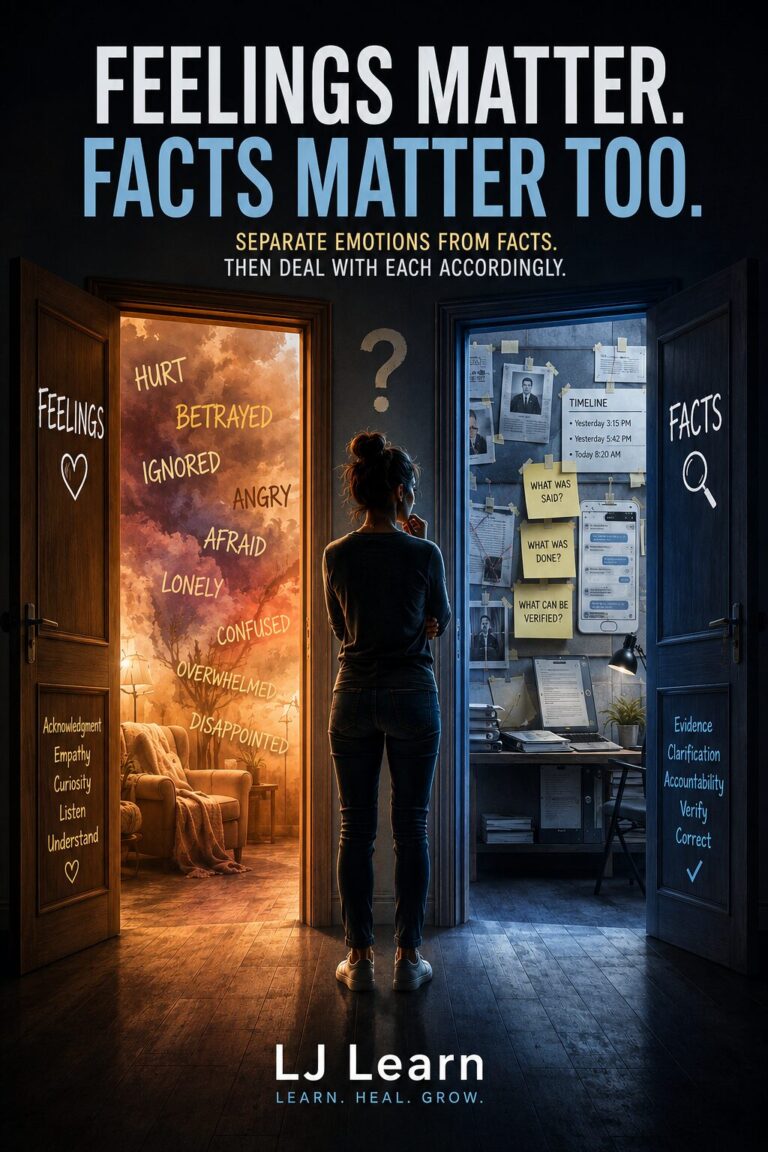 Illustration showing a person standing between two open doors labeled “Feelings” and “Facts.” The Feelings doorway is warmly lit and filled with words such as “hurt,” “betrayed,” “ignored,” “afraid,” and “confused,” along with reminders to acknowledge, empathize, listen, and understand. The Facts doorway is cool-toned and contains timelines, notes, messages, and evidence, with prompts asking what was said, what was done, and what can be verified. Large text at the top reads, “Feelings Matter. Facts Matter Too. Separate Emotions From Facts. Then Deal With Each Accordingly.” LJ Learn branding appears at the bottom with the tagline “Learn. Heal. Grow.”
