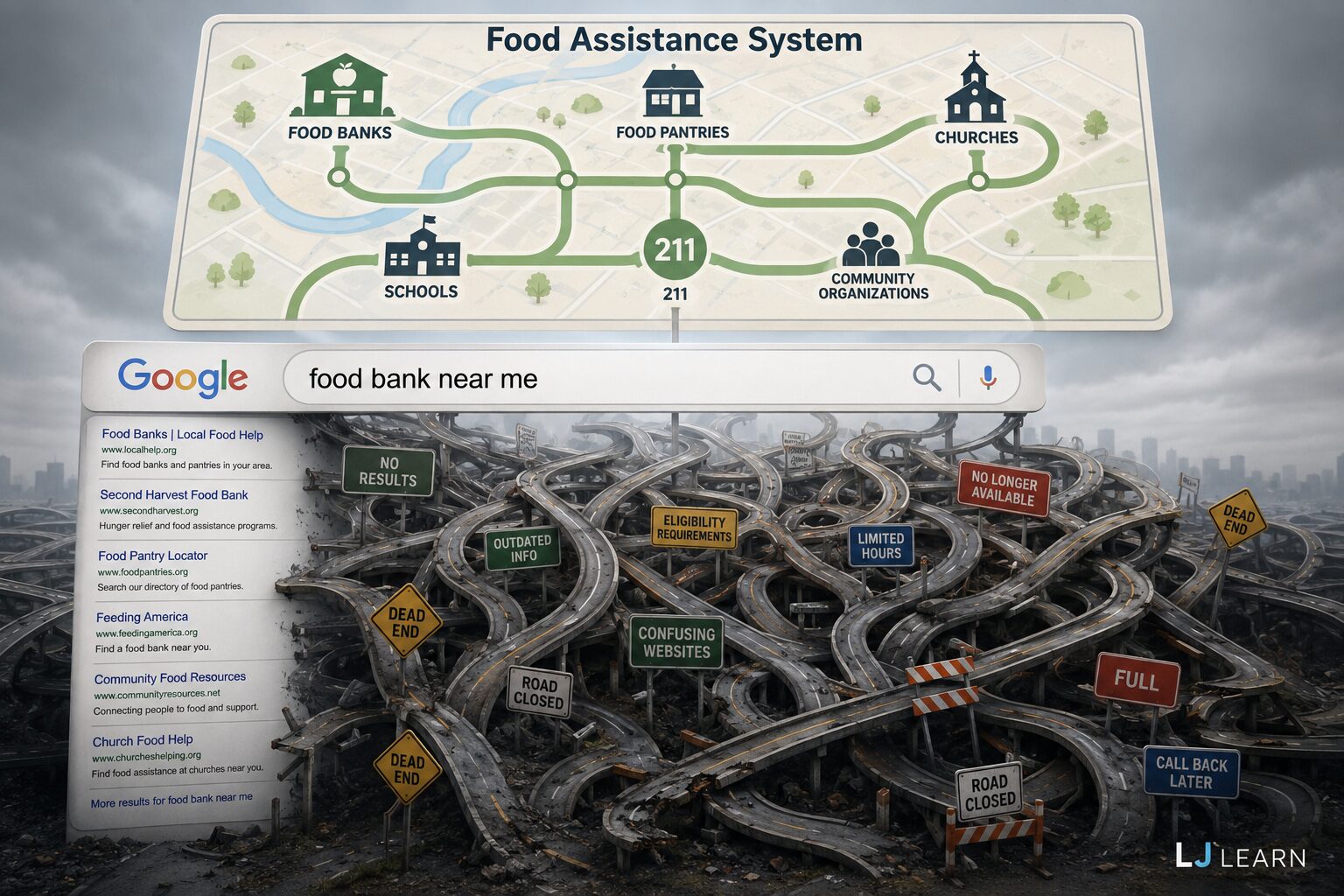 Illustration comparing a fragmented food assistance search process with a connected support system. At the top, a clean map labeled “Food Assistance System” shows clear pathways linking food banks, food pantries, churches, schools, 211 services, and community organizations. Below, a Google search bar displays the query “food bank near me,” with search results leading into a sprawling maze of tangled highways, dead ends, road closures, and confusing signs such as “Outdated Info,” “Eligibility Requirements,” “Limited Hours,” “No Longer Available,” and “Call Back Later.” The contrast highlights the difference between navigating scattered resources individually and accessing a coordinated community support network. Subtle LJ Learn branding appears in the bottom-right corner.