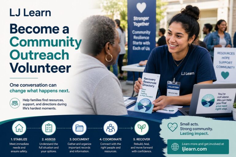 A promotional cover image for LJ Learn's Community Outreach Volunteer program. The design features a volunteer seated at a community resource table, smiling and speaking with a community member. The volunteer is holding a "Recovery Resources Directory" brochure and wearing a volunteer badge. Large text on the left reads, "Become a Community Outreach Volunteer," with the message, "One conversation can change what happens next." Supporting text explains that volunteers help families find resources, support, and direction during life's hardest moments. Along the bottom is a five-step recovery pathway labeled Stabilize, Assess, Document, Coordinate, and Recover, each represented by an icon. The image uses blue and teal colors and emphasizes community support, recovery, and helping people find their next step.