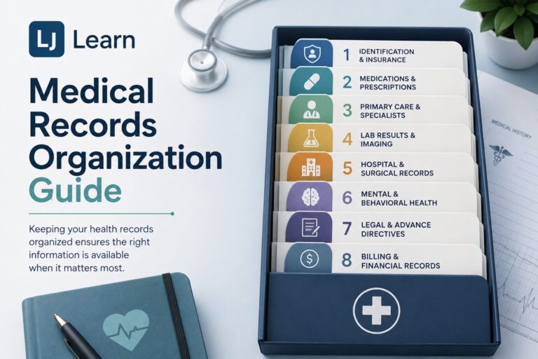 Professional cover image for a Medical Records Organization Guide. A neatly organized medical file box contains eight color-coded folders representing key healthcare record categories, including insurance, medications, primary care, lab results, hospital records, mental health, legal documents, and billing records. A stethoscope, notebook, and medical paperwork are arranged around the file box, creating a clean and organized healthcare workspace. The title "Medical Records Organization Guide" appears prominently on the left, with LJ Learn branding displayed at the top. The design conveys preparedness, organization, and easy access to important health information.
