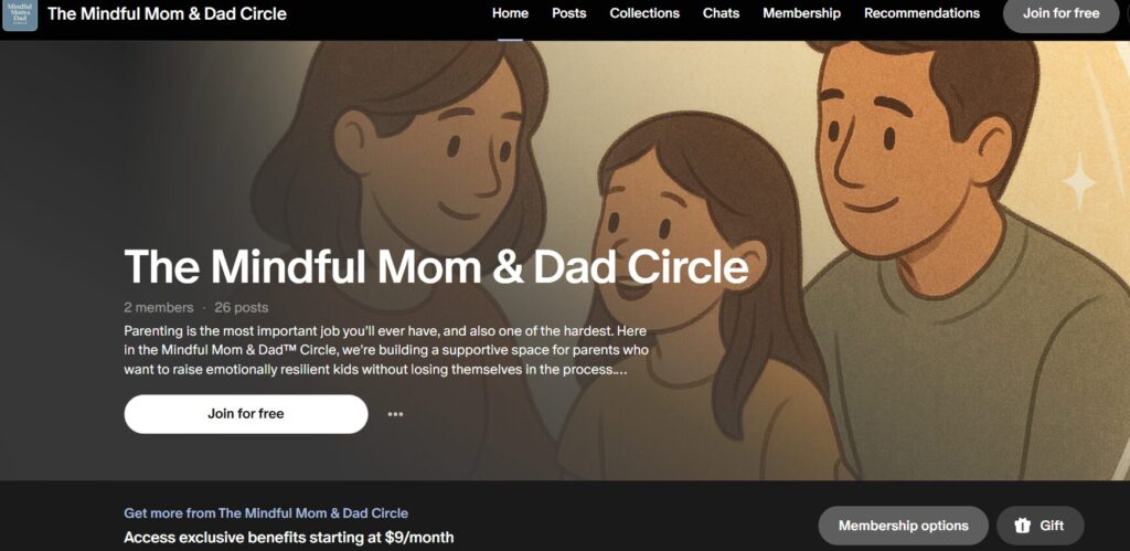 Screenshot of the Mindful Parents Patreon page featuring parenting and family wellness content focused on mindfulness, emotional awareness, and strengthening parent-child relationships.