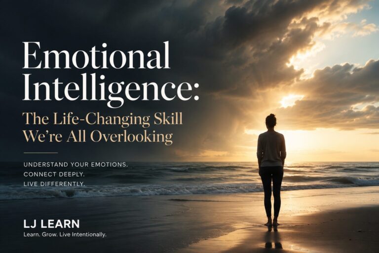 Alt tag: Cover image for the blog post "Emotional Intelligence: The Life-Changing Skill We're All Overlooking." A lone person stands on a quiet beach facing the ocean as dark storm clouds give way to warm sunlight breaking through over the horizon, symbolizing the transition from emotional reactivity to mindful response. The title appears prominently on the left, with the LJ Learn logo in a clean sans serif font at the bottom.