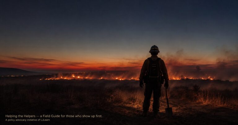 A cinematic widescreen photograph at dusk shows a lone responder standing at the edge of a wildfire containment line, viewed from behind in silhouette. Wearing a helmet and basic protective gear, they rest a shovel at their side while facing a distant line of controlled fire glowing orange beneath a smoke-filled horizon. The scorched landscape, muted navy sky, drifting smoke, and restrained documentary-style color grading create a quiet, reflective mood. Minimal text at the bottom reads, “Helping the Helpers — a Field Guide for those who show up first.” with the smaller subtitle, “A policy advocacy initiative of LJLearn.