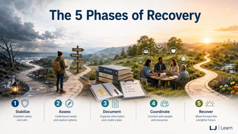 Wide editorial-style cover image titled “The 5 Phases of Recovery.” A winding path moves from a stormy shoreline on the left to a sunny, thriving landscape on the right, visually representing five stages of recovery. Along the path are scenes for Stabilize, Assess, Document, Coordinate, and Recover: a storm clearing, a person studying a map at a crossroads, organized records and a recovery plan, a small group meeting with network icons above them, and a bright sunrise over rolling hills. At the bottom, each phase is labeled with a short description, and “LJ Learn” appears in the lower-right corner.