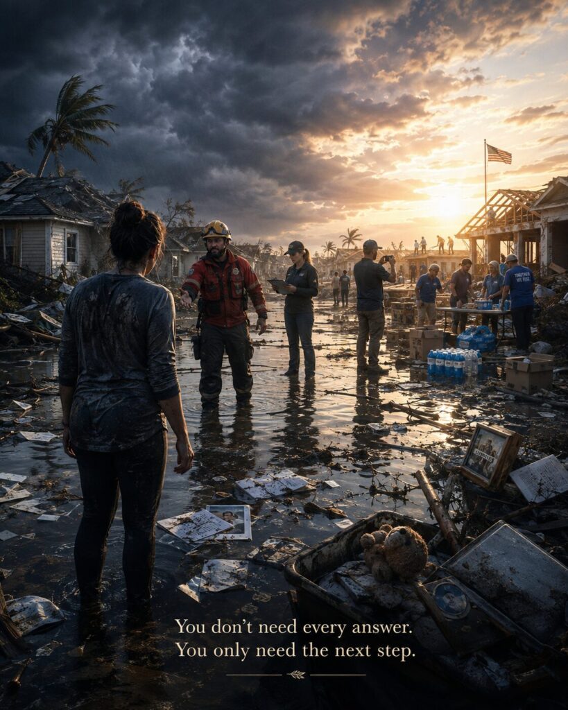 A woman stands in a hurricane-damaged neighborhood as an emergency responder reaches toward her. Nearby, volunteers assess damage, document losses, distribute supplies, and begin rebuilding beneath a sky shifting from dark storm clouds to warm sunlight. Text reads, “You don’t need every answer. You only need the next step.