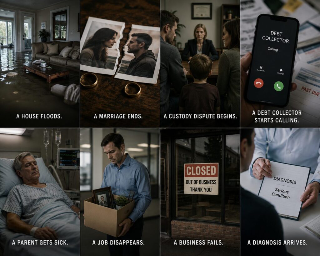 Eight-panel collage depicting a series of hardships: a flooded home, the end of a marriage, a custody dispute, debt-collection calls, a sick parent, job loss, a failed business, and a serious medical diagnosis.
